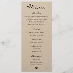 Menu romântico rústico do casamento com coraçã