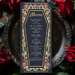 Menu Rosa Azul de Casamento Gótico<br><div class="desc">Adicione um toque de elegância gótica ao seu banquete com estes menus de casamento com uma armação em forma de caixão, enfeitiçada com espinhos, rosas e sotaques dourados contra um fundo azul profundo. Perfeito para uma experiência amorosa de jantar romântica! Personalize o texto, a fonte e a cor de fundo...</div>