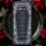 Menu Rosa Azul de Casamento Silver Gótico<br><div class="desc">Adicione um toque de elegância gótica ao seu banquete com estes menus de casamento com um quadro em forma de caixão, enfeitado com espinhos, rosas e sotaques prateados contra um fundo azul profundo. Perfeito para uma experiência amorosa de jantar romântica! Personalize o texto, a fonte e a cor de fundo...</div>