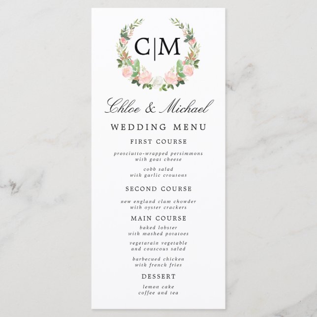 Menu Rosa Bege Flor Monograma Nome Casamento (Frente)