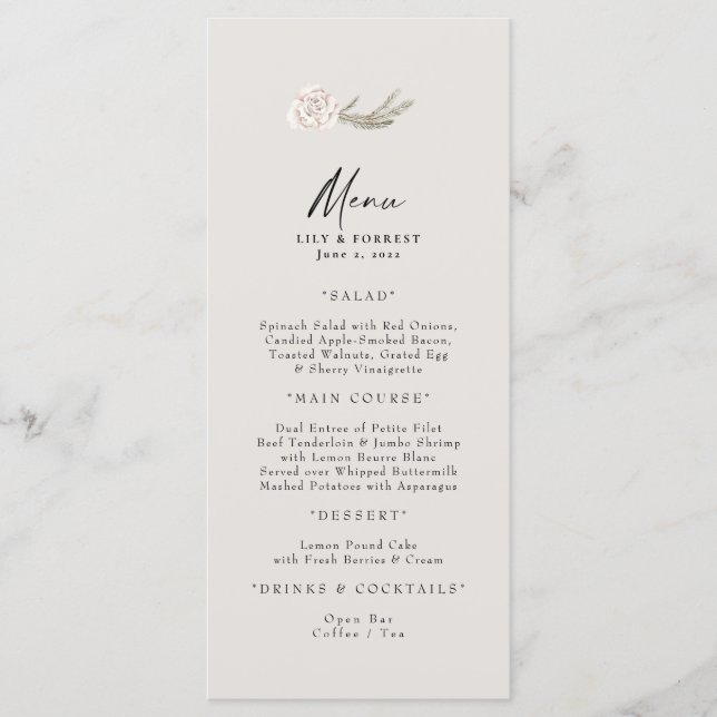Menu Rosa branca casamento no inverno Neutra (Frente)