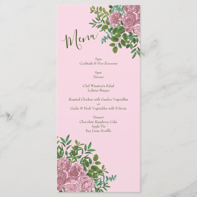Menu Rosa claro Peony e Rosa Floral Weding (Frente)