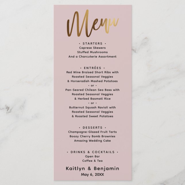 Menu Rosa com pografia de mão Dourada mínima (Frente)