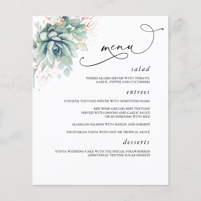 Menu Rosa de Casamento Verde Dourado Suculente (Frente)