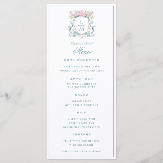 Menu Rosa de repouso elegante com Arco | Casamento Mono (Frente)