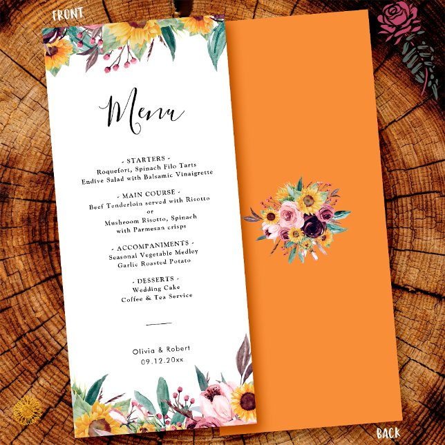 Menu Rosa do Girassol Rústico Burgundy Outono Casamento (Criador carregado)