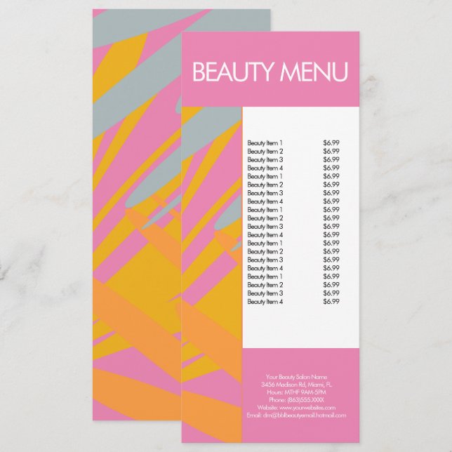 Menu Rosa do Padrão Tropical de Maqueamento de Bel (Frente/Verso)