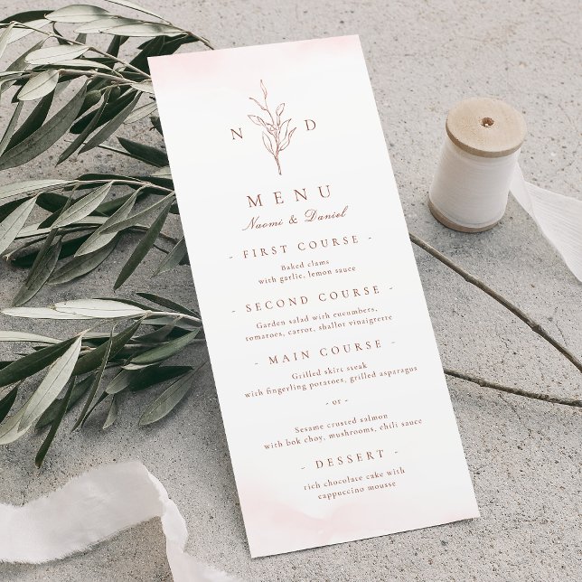 Menu Rosa dourado simples folhas elegantes monograma ca (Rose gold simple elegant leaves monogram wedding menu)