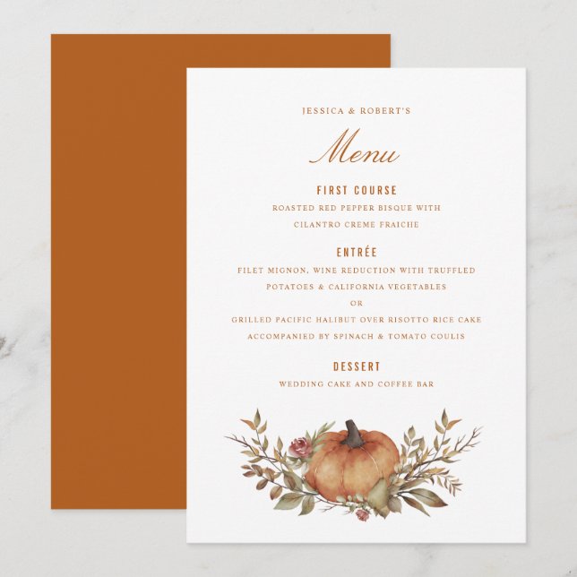 Menu Rosa Dusty Casamento outono de Pumpkin de Poeira (Frente/Verso)