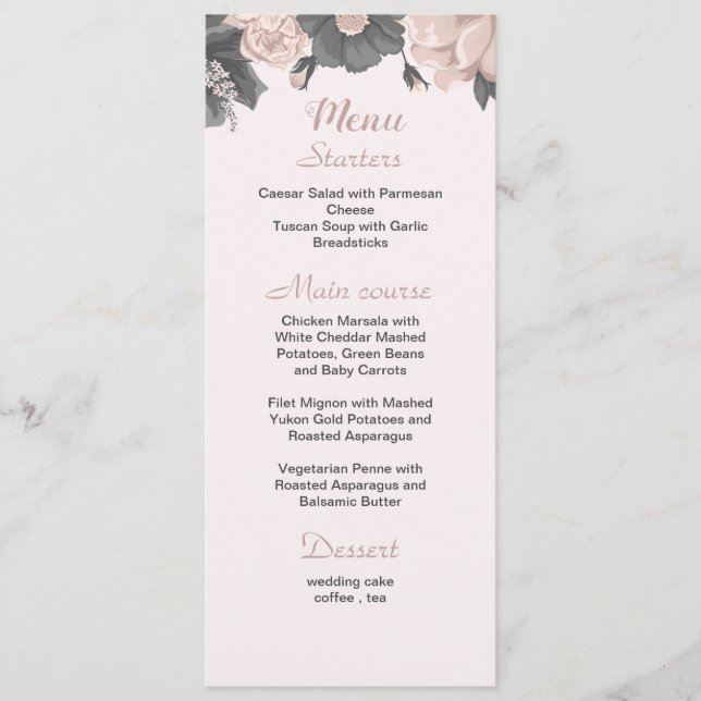 Menu rosa empoeirado flores cinza escuro botânico casam (Frente)