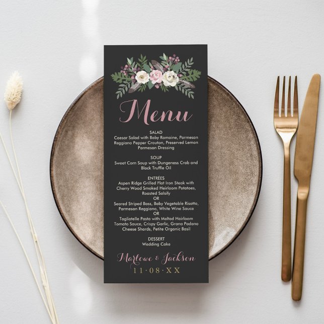 Menu Rosa Floral Boho Casamento Escuro e Mal-humorado (Criador carregado)