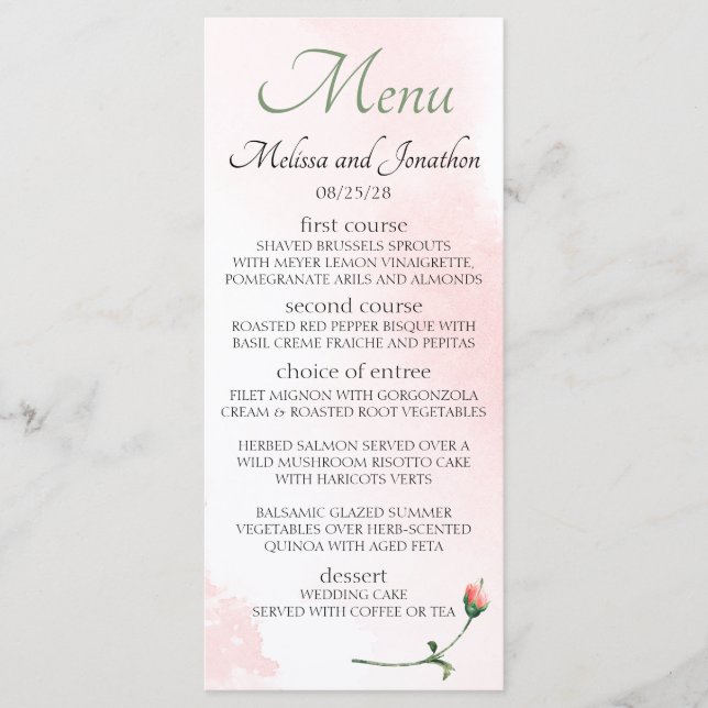Menu Rosa Floral Elegante Casamento Cor-de-Rosa Enrubes (Frente)