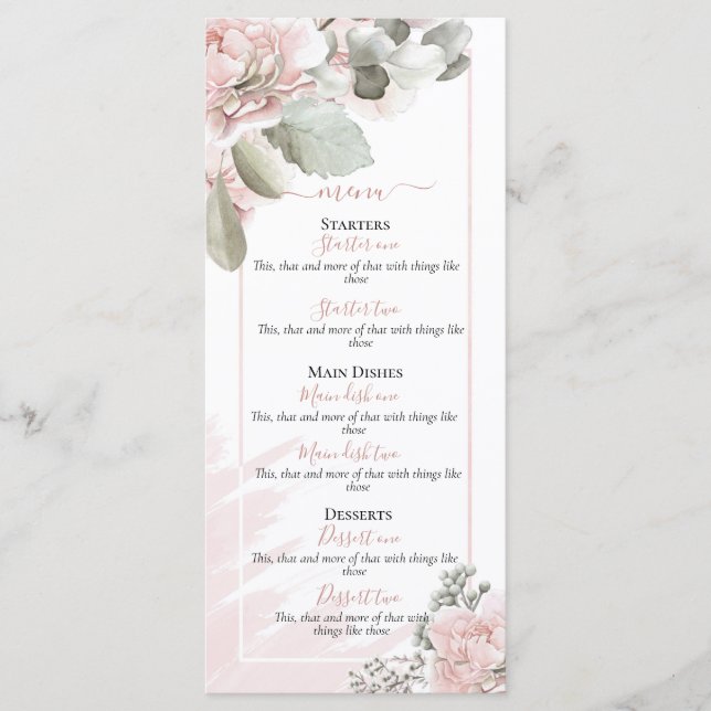 Menu Rosa floral elegante de Blush, casamento de vassou (Frente)