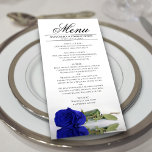 Menu Rosa Real Elegante com Casamento de Reflexões<br><div class="desc">Este belo menu irá adicionar algum estilo à sua recepção de casamento. Apresenta um belo e romântico design com um solteiro vivo azul real ou rosa de cobalto estacionado do seu lado, refletindo numa piscina de água com ondas e ondulações. Há espaço para os nomes do casal e da data...</div>