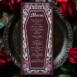 Menu Rosa Red Weding Silver Gothic Coffin<br><div class="desc">Adicione um toque de elegância gótica ao seu banquete com estes menus de casamento com uma armação em forma de caixão, adornada com espinhos, rosas e sotaques prateados contra um fundo vermelho rico. Perfeito para uma experiência amorosa de jantar romântica! Personalize o texto, a fonte e a cor de fundo...</div>