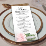 Menu Rosa Rosa Rosa Esmagada Elegante com Casamento Ref<br><div class="desc">Este belo menu irá adicionar algum estilo à sua recepção de casamento. Apresenta um belo e romântico design com um solteiro cor-de-rosa, pálido e pálido, ao lado, refletindo numa piscina de água com ondas e ondulações. Há espaço para os nomes do casal e da data do casamento, e o texto...</div>