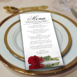 Menu Rosa vermelha Elegante com Casamento Reflexo<br><div class="desc">Este belo menu irá adicionar algum estilo à sua recepção de casamento. Apresenta uma design bela e romântica com uma rosa vermelha solteiro ao seu lado refletindo numa piscina de água com ondas e ondulações. Há espaço para os nomes do casal e da data do casamento, e o texto é...</div>