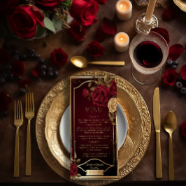 Menu Rosa vermelha Escuro Elegante e Casamento Dourado