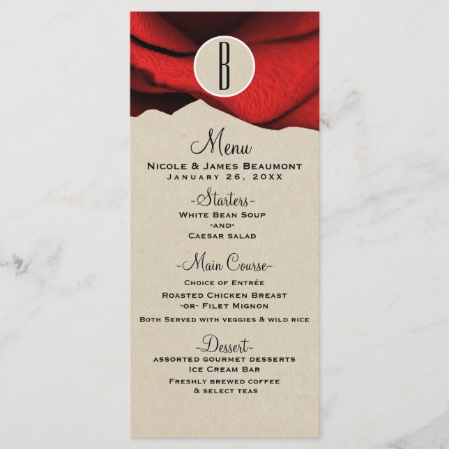 Menu Rosa vermelha Kraft Rustic Glam Elegant Weding Men (Frente)