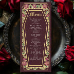 Menu Rosa Vermelho de Casamento Gótico Coffin<br><div class="desc">Adicione um toque de elegância gótica ao seu banquete com estes menus de casamento com uma armação em forma de caixão, adornada com espinhos, rosas e sotaques dourados contra um fundo vermelho rico. Perfeito para uma experiência amorosa de jantar romântica! Personalize o texto, a fonte e a cor de fundo...</div>