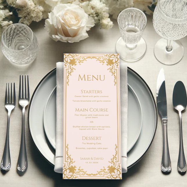 Menu Rosa Vintage Falso Ouro Antigo Elegante Casamento (Criador carregado)