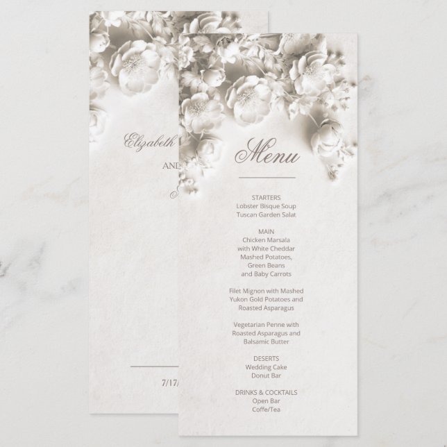 Menu Rosas 3D Marfim Flores Esculturais (Frente/Verso)