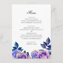 Menu Rosas azuis e roxas. Casamento floral em aquarela