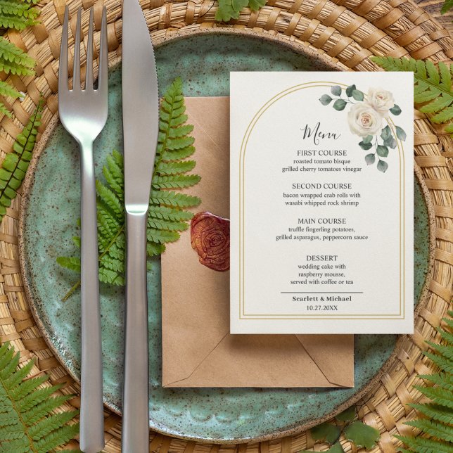 Menu Rosas Brancas Primavera Floral Romântico Casamento (Top view minimal floral golden wedding arch gold white foliage elegant luxury wedding menu)