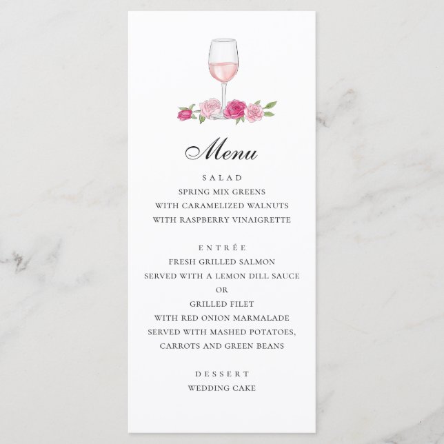 Menu Rosas. Casamento floral cor-de-rosa elegante. Copo (Frente)