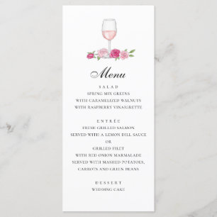 Menu Rosas. Casamento floral rosa elegante. Vidro de vi