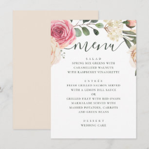 Menu Rosas cor-de-água rosa. Casamento floral elegante