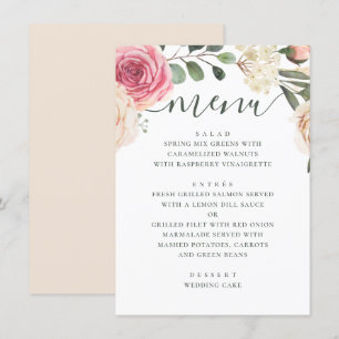 Menu Rosas cor-de-água rosa. Casamento floral elegante