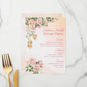Menu Rosas cor-de-rosa pastel lanternas árabes mehndi