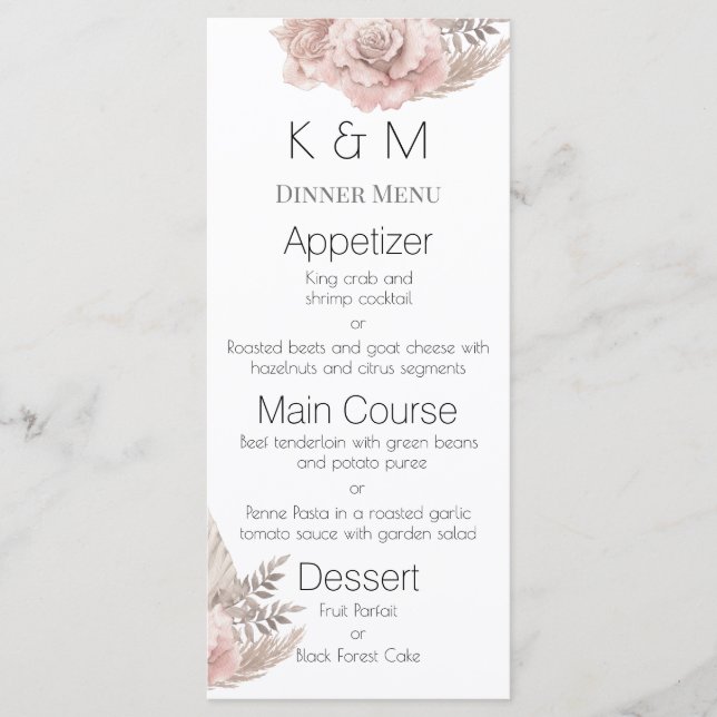 Menu Rosas Cor-de-Rosa Românticas Casamento Boho (Frente)