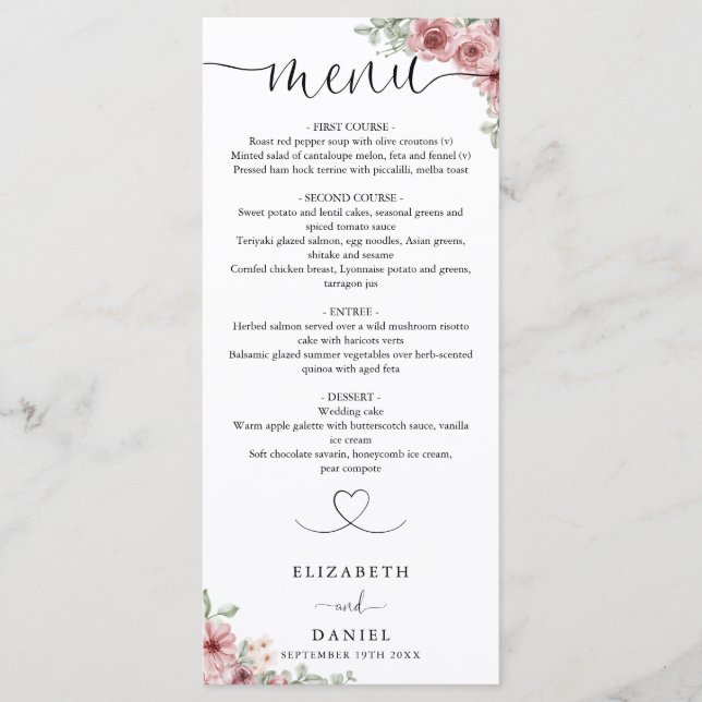 Menu Rosas Coração Floral Roteiro Jantar de Casamento (Frente)