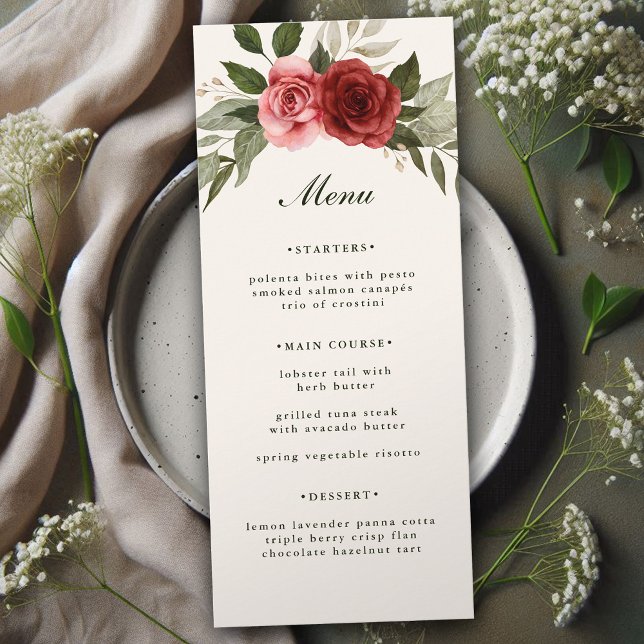 Menu Rosas de Aquarela Elegante e Casamento Foliar (Criador carregado)