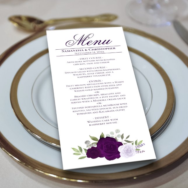 Menu Rosas de Aquarela Roxo Boho Casamento Chic (Criador carregado)