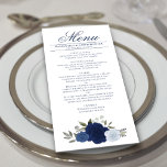 Menu Rosas de cor azul Elegante Boho Chic Weding<br><div class="desc">Este belo menu irá adicionar algum estilo à sua recepção de casamento. Ele apresenta um belo design floral gráfico de bolho com um aglomerado de rosas de aquarelas pintadas manualmente em tons de azul poeirento, marinho e índigo, junto com ranhuras de folhas de eucalipto e verde de jardim. Há espaço...</div>