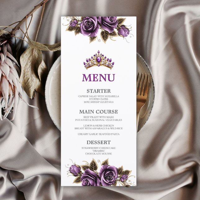 Menu Rosas de Tiara Dourada Roxa Quinceañera  (Criador carregado)