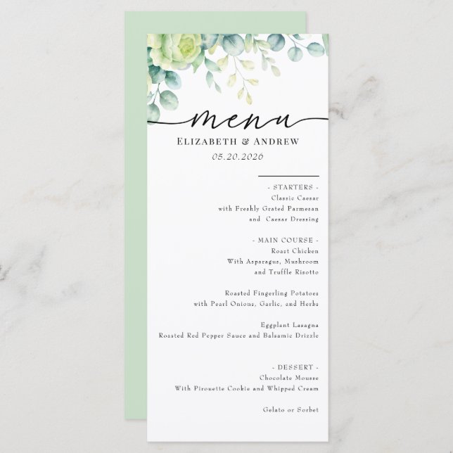 Menu Rosas Eucalyptus | Boho Greenery Casamento Elegant (Frente/Verso)