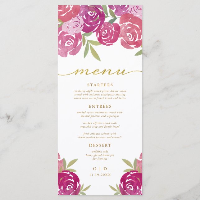 Menu Rosas Florais bonito Rosa e Roxo Sobra Casamento (Frente)