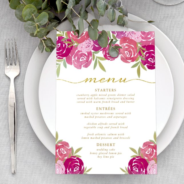 Menu Rosas Florais bonito Rosa e Roxo Sobra Casamento (Criador carregado)