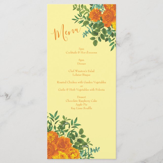 Menu Rosas Florais de Casamento Laranja Amarelo (Frente)