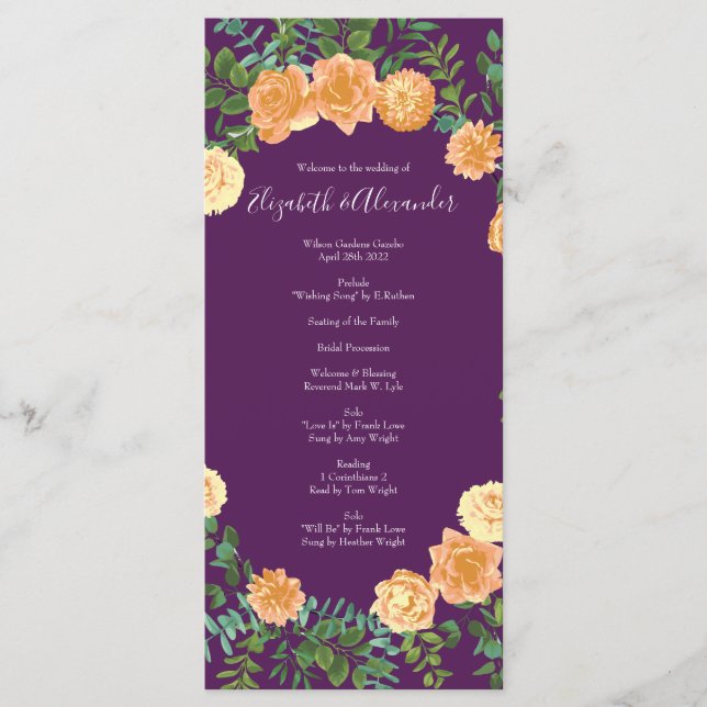 Menu Rosas Florais Peach Purple Wedding (Frente)