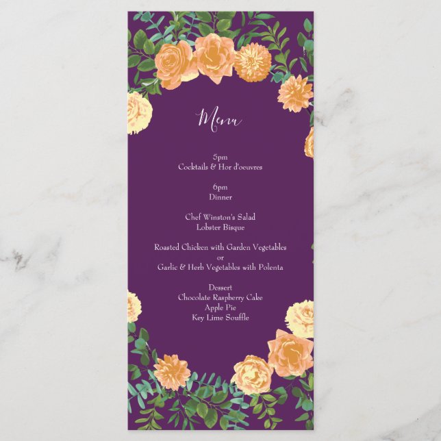 Menu Rosas Florais Peach Purple Wedding (Frente)