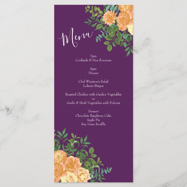 Menu Rosas Florais Peach Purple Wedding (Frente)