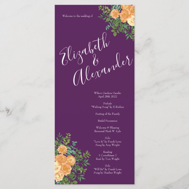 Menu Rosas Florais Peach Purple Wedding (Frente)