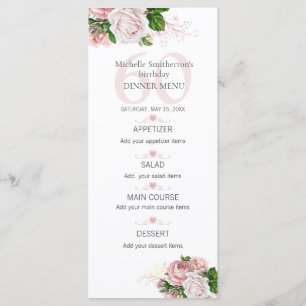 Menu Rosas Florais Rosa Bege Branco Aniversário de 60 a
