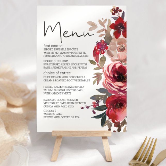 Menu Rosas Florais Vermelho Rubor Casamento Romântico (Criador carregado)