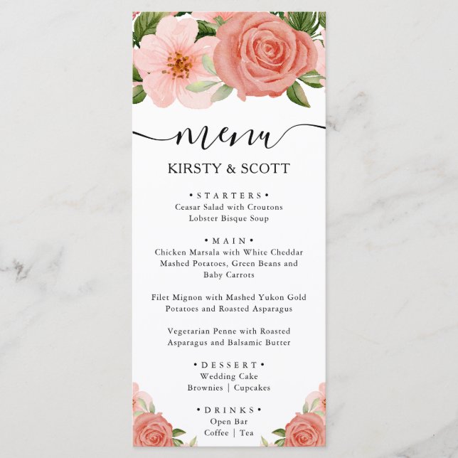 Menu Rosas Flores de Rosa Pêssego Aquarela Casamento (Frente)